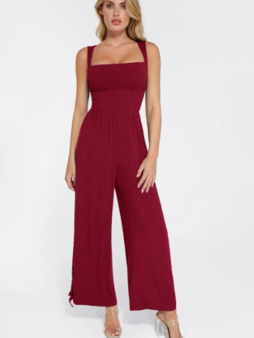 Popilush Shapewear Square Neck Tummy Control Wide Leg Jumpsuit – Red | Size Larg